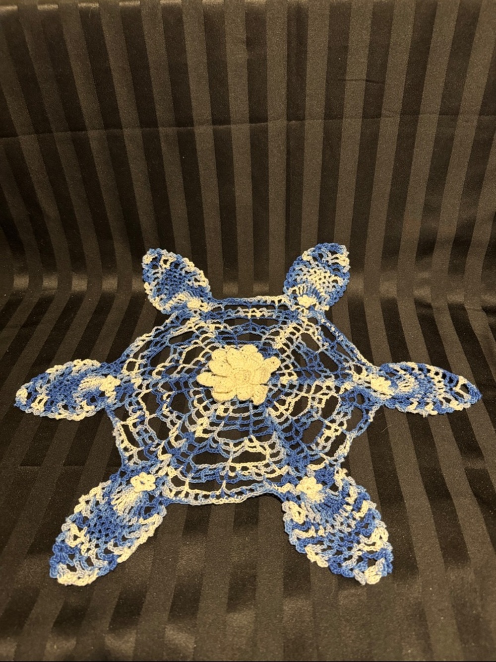 Hand Crocheted Three Color Doily with Flower Center & Little Flower Accents